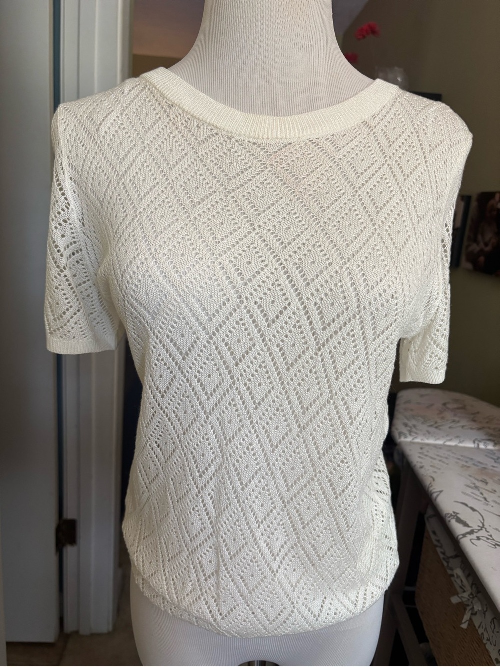 Divided Cream Eyelet Knit Short Sleeve Top